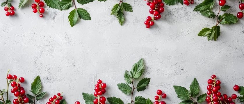   Red berries and green leaves on a white background with text or image space