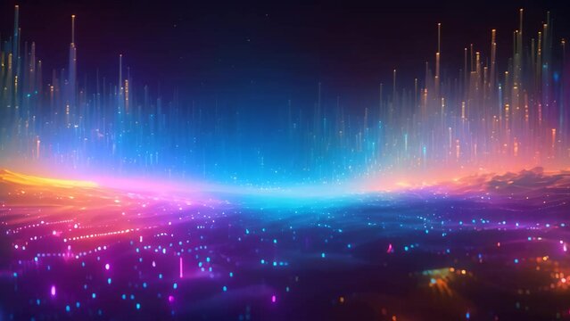Captivating abstract image of a bustling city at night, characterized by vibrant lights and towering skyscrapers, An etheric panorama of glowing data streams, AI Generated