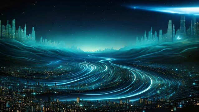 An art piece capturing the beauty of a city enveloped in darkness, illuminated by mesmerizing blue lights, An etheric panorama of glowing data streams, AI Generated
