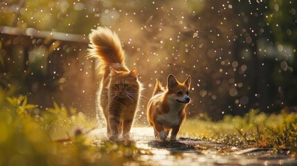 furry friends red cat and corgi dog walking on summer meadow under warm raindrops, Ai