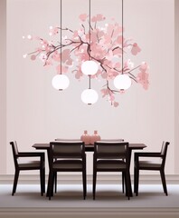 Minimalist Japanese style dining room with a cherry blossom decal, pink pendant lights, and a dark wood dining table with a pair of vases.