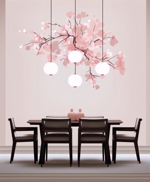 Minimalist Japanese style dining room with a cherry blossom decal, pink pendant lights, and a dark wood dining table with a pair of vases.