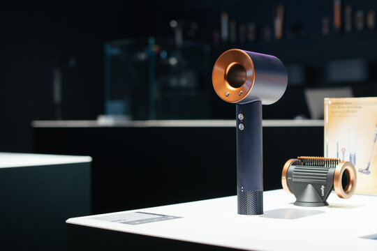 PENANG, MALAYSIA - MAR 28, 2024: Dyson supersonic hair dryer display at Dyson concept store