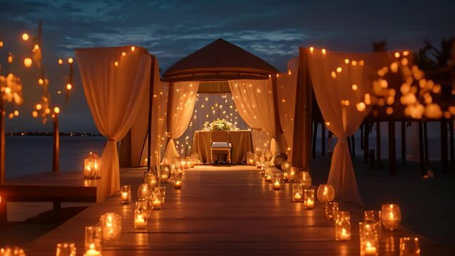 An idyllic outdoor wedding setup adorned with lanterns and a beautiful gazebo for a memorable ceremony, An extravagant proposal setup on a private island illuminated by lanterns, AI Generated