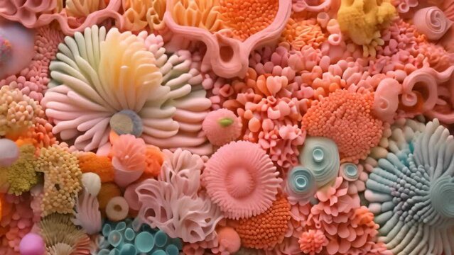 A detailed close-up photo capturing the exquisite beauty of a wall made of corals and sponges, An intricate and complex texture of a coral reef, AI Generated
