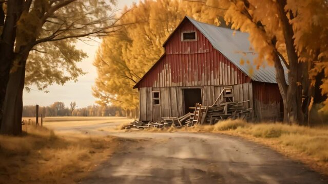 A vibrant painting capturing the rustic beauty of a red barn nestled in a scenic country setting, An old, rustic barn in an autumn setting, AI Generated
