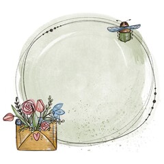 Spring illustration in watercolor style with a bouquet of flowers in a postal envelope and a beetle with transparent wings. Image for your holiday lettering, card, sticker or social media post.