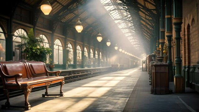 A lone bench sitting in a train station, positioned beside a train, An old Victorian-era railway station, AI Generated
