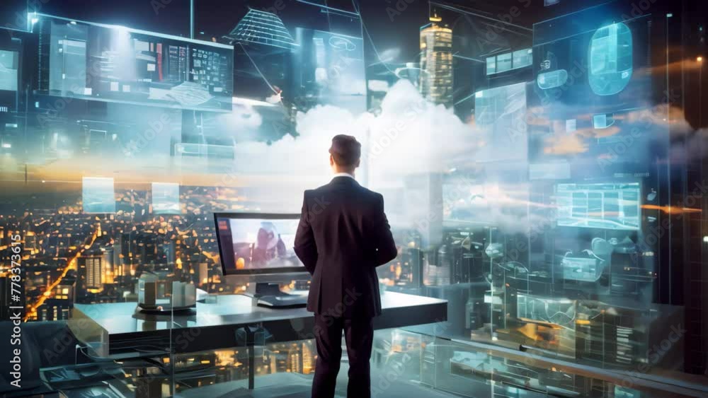 Poster a man standing in front of a computer monitor, working on his computer, innovative futuristic busine
