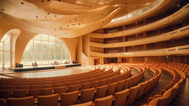 An image showing a large auditorium packed with numerous rows of seats, suitable for hosting events or performances, International business conference in a large auditorium, AI Generated