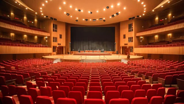 The image shows an empty auditorium, characterized by red seats and a vacant stage, International business conference in a large auditorium, AI Generated