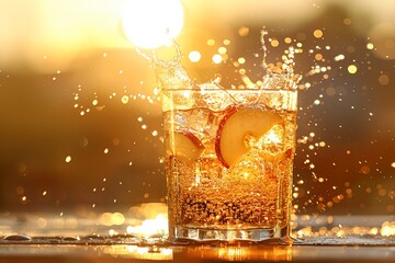 Sparkling apple drink, vibrant splash, sun setting behind, golden hour glow, low-angle view.professional color grading