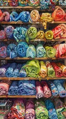 Fototapeta na wymiar Watercolor scene of a vibrant fabric store rolls of textiles in every hue draped over shelves