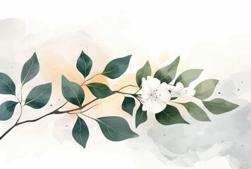 Illustrated floral branches with delicate white blooms, overlaying an abstract watercolor background that blends earthy tones with a touch of greenery. - obrazy, fototapety, plakaty