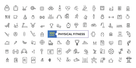 Set of physical fitness icons related to wellness, wellbeing, mental health, healthcare, cosmetics, spa, medical. Outline icon collection.