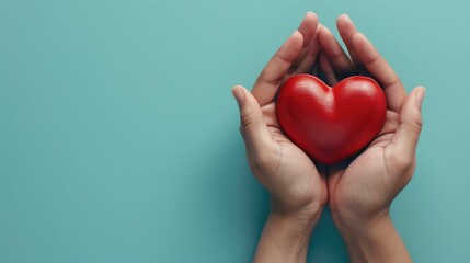 Obraz premium Human hands cupped and holding a vibrant red heart against a serene turquoise backdrop, with ample space for text.