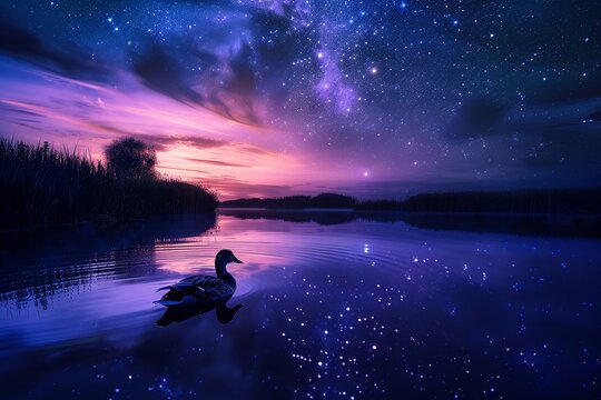 Lone duck on a calm river, galaxy shimmering above, twilight ambience, wide-angle view.soft shadowns