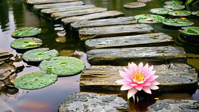 Lily flower and lily pads on pond. Close-up photography with water droplets. Nature and serenity concept