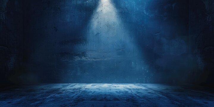 An empty warehouse interior with a haunting blue fog and light rays filtering through the mist, creating a suspenseful atmosphere.