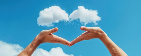 Two hands cupping a heart-shaped cloud against a clear blue sky symbolizing love