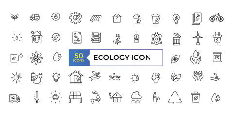 Set of thin line icons related to Ecology, environmental, ecological, recyling, green, organic, industry. Linear ecology simple symbol collection.