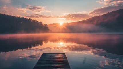 Sunrise over a peaceful lake symbolizing new beginnings and hope - obrazy, fototapety, plakaty