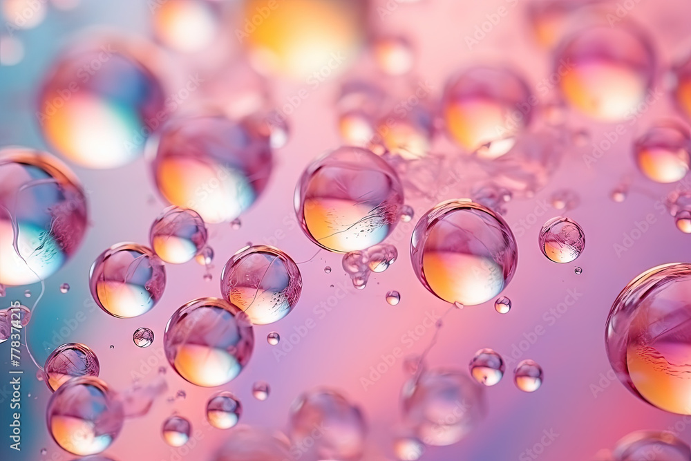 Aufkleber pink holographic bubbles floating on the soft colorful abstract background in beautiful vivid tones.