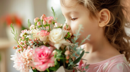 Obraz na płótnie Canvas Little cute girl sniffing beautiful Mothers day. Gorgeous child sniffing flowers in hands in the park on nature background. March 8, mother's day. Ai generated