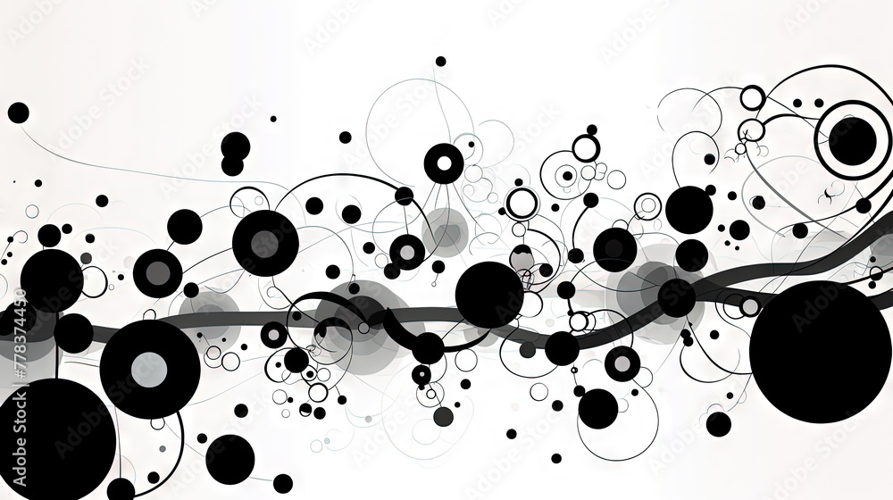 Poster geometric abstract background with black dots, circles and lines.