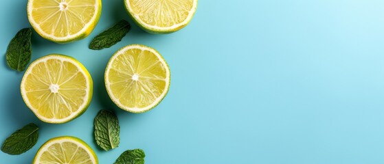   Lemons halved with mint leaves on blue background with text space