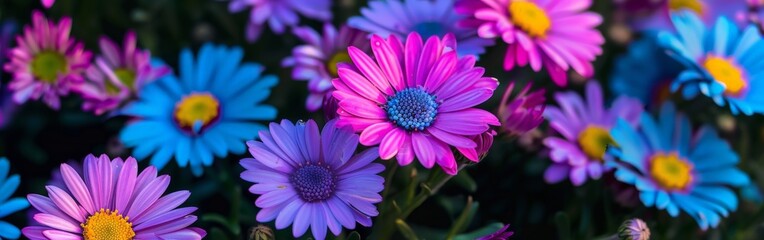 Purple and Blue Flowers in Field - obrazy, fototapety, plakaty