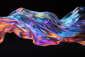 Iridescent liquid fabric material fluttering dramatically in the wind, isolated on black with ample copy space