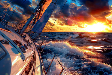 Boat sailing on the ocean near yellow orange blue sunset, large waves spray and foam, nautical navigation