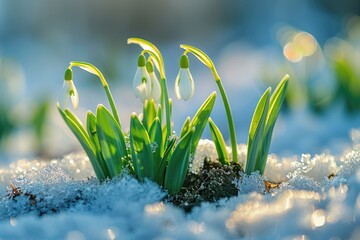 Snowdrop blooms blossoming in the snow; the first signs of life in the spring. Generative Ai