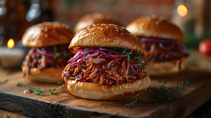 Pulled Pork Sliders on Decorated Table - obrazy, fototapety, plakaty