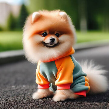 images of a Pomeranian on the street. The Urban Explorer. AI Generation.