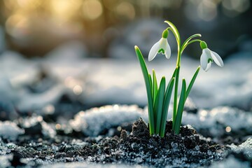 Snowdrop blooms blossoming in the snow; the first signs of life in the spring. Generative Ai