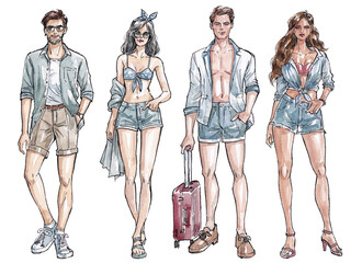 Watercolor and ink drawings of seaside tourists posing in fashionable poses.