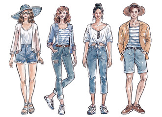 Watercolor and ink drawings of seaside tourists posing in fashionable poses 2