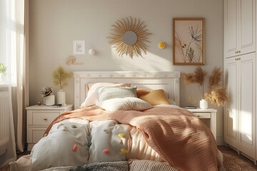 Warm tones cozy bedroom interior with natural light. Home decor, minimalism concept