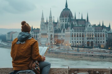 Fototapeta premium Tourist perched on a retaining wall next to a government office, reading a book. Generative Ai