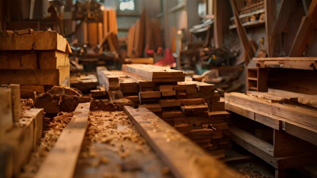 Various cut wood pieces and sawdust in a carpentry workshop. Industrial carpentry, craftsmanship and woodworking concept