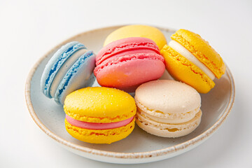 Fototapeta na wymiar Colorful Macarons on a Speckled Plate - Elegant French Pastries