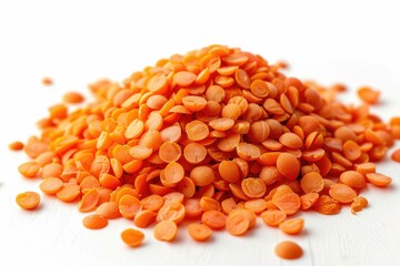 Tiny reddish-orange lentils separated on a white backdrop. Generative Ai