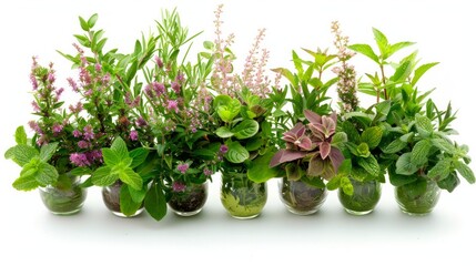 Various kind of fresh herbs on white background