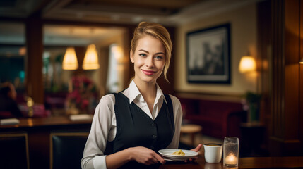 service staff maid barmaid waitress restaurant hotel - obrazy, fototapety, plakaty