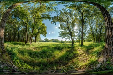 Picture sphere including land, greenery, and trees. Generative Ai