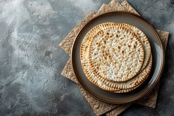 Matzo and plate from above, with a good Passover greeting. Generative Ai