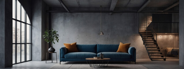 Perfect blend of style and simplicity in this minimalist loft interior, highlighted by a blue sofa against a blank concrete wall, inviting you to make it your own with personalized decor. - obrazy, fototapety, plakaty