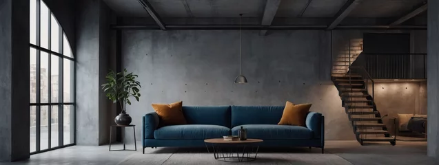 Poster Perfect blend of style and simplicity in this minimalist loft interior, highlighted by a blue sofa against a blank concrete wall, inviting you to make it your own with personalized decor. © xKas